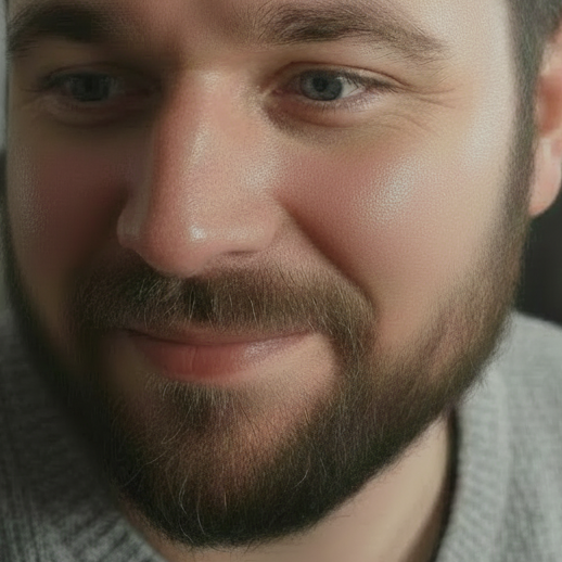 Close-up of a smiling man with a beard, wearing a light grey sweater.