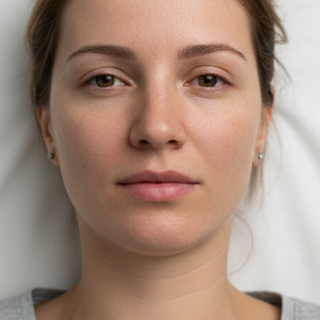 A close-up of a woman with straight brown hair, looking directly at the viewer.
